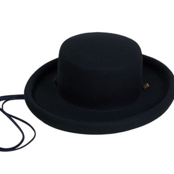 Clyde Rowan Hat in Black Wool w. Suede Drawstring - Picture 2 of 6
